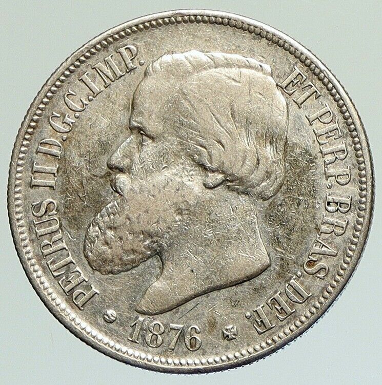 1876 BRAZIL w King Dom Pedro II Antique Brazilian Silver 1000 Reis Coin i112089