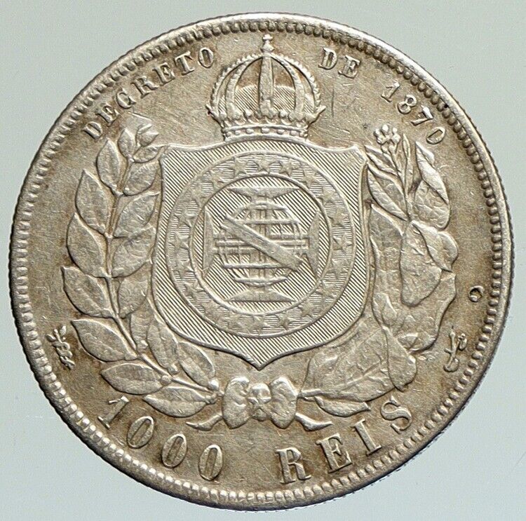 1876 BRAZIL w King Dom Pedro II Antique Brazilian Silver 1000 Reis Coin i112089