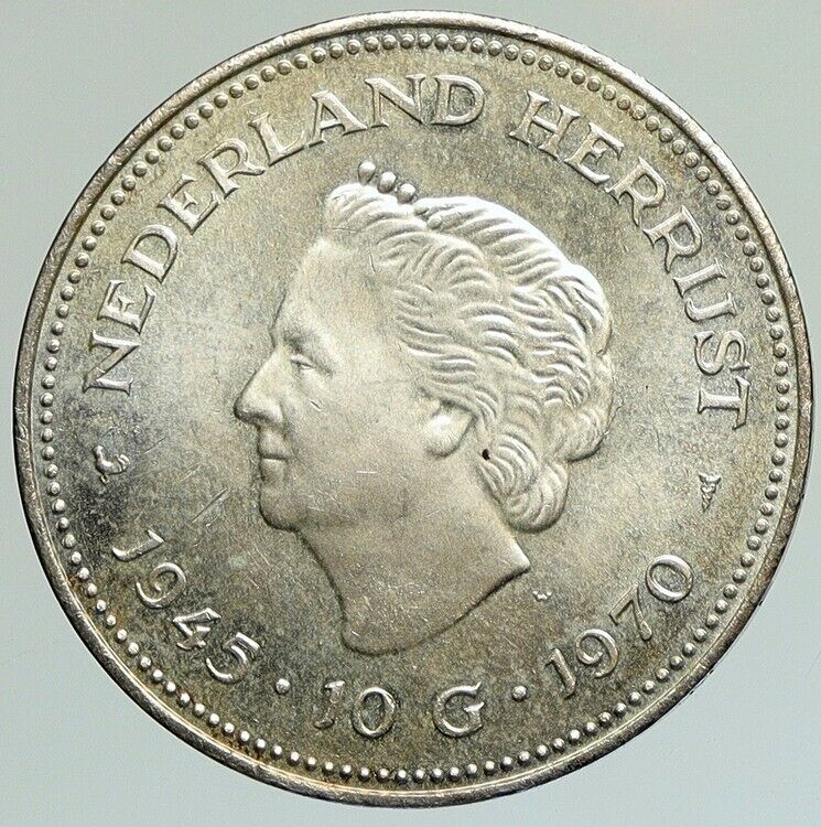 1970 Netherlands Kingdom Queen JULIANA WILHELMINA Silver 10 Gulden Coin i112092