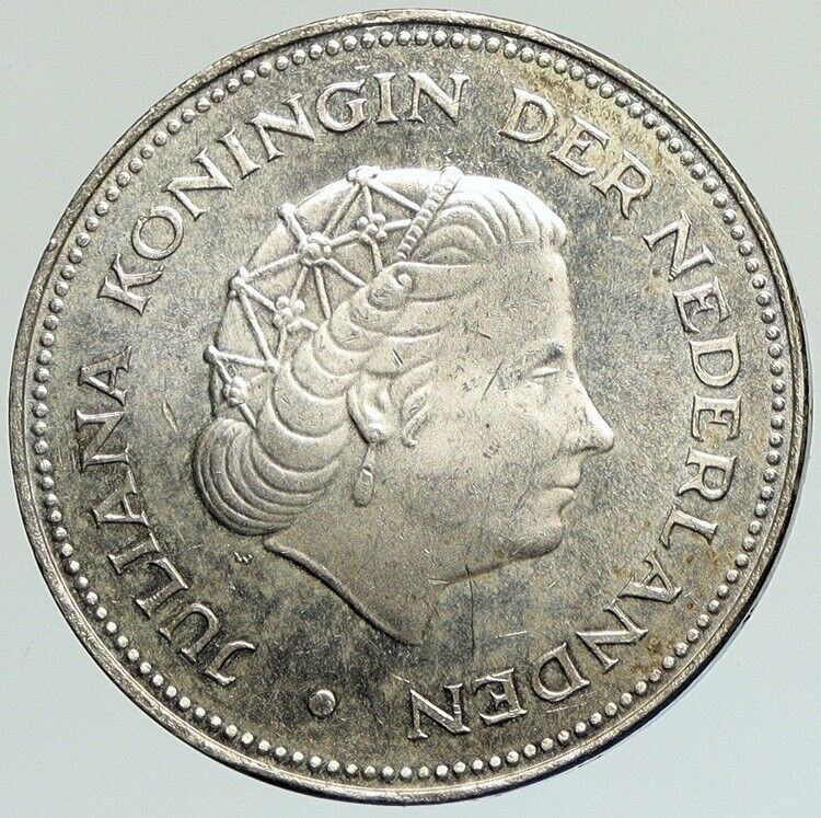 1970 Netherlands Kingdom Queen JULIANA WILHELMINA Silver 10 Gulden Coin i112092