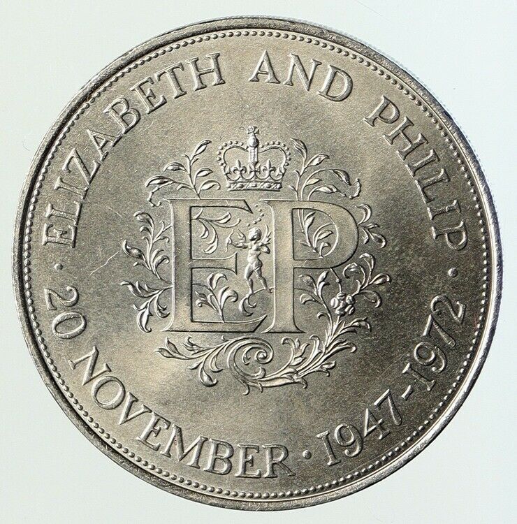 1972 UK ROYAL WEDDING Elizabeth II & Prince Philip Old 25 New Pence Coin i112093