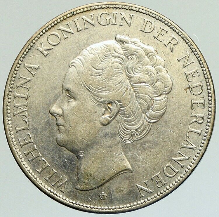 1930 Netherlands Kingdom Queen WILHELMINA 2 1/2 Gulden BIG Silver Coin i112090