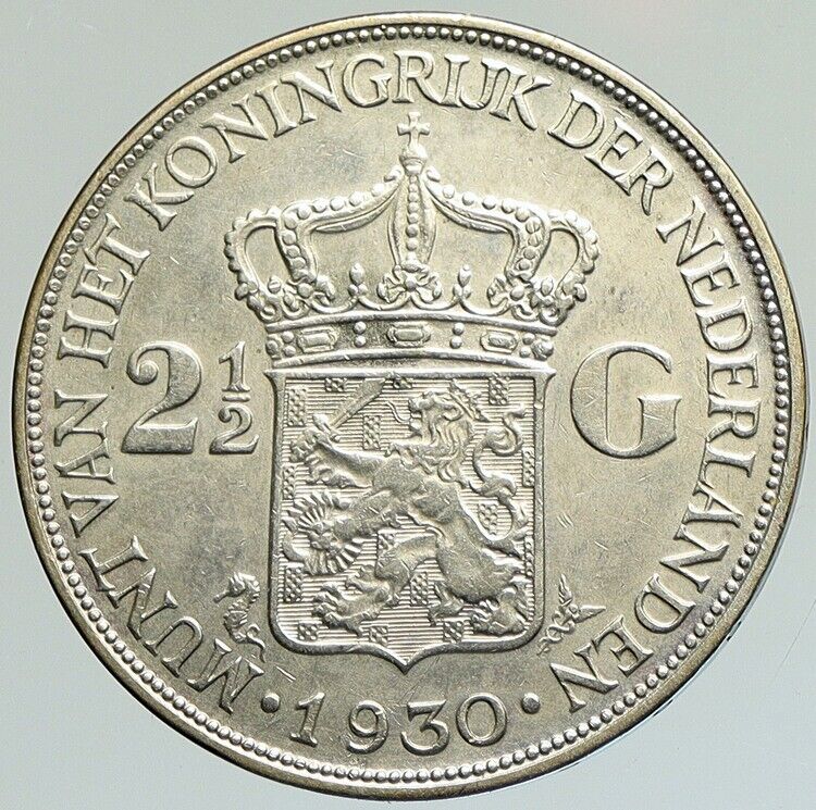 1930 Netherlands Kingdom Queen WILHELMINA 2 1/2 Gulden BIG Silver Coin i112090