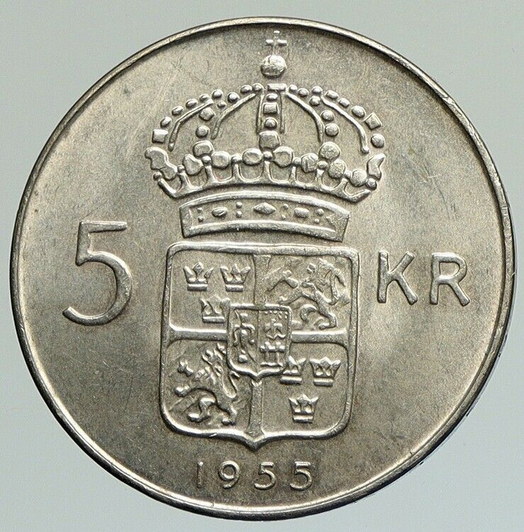 1955 Sweden KING GUSTAF VI Crowned ARMS Vintage OLD Silver 5 Kroner Coin i112109