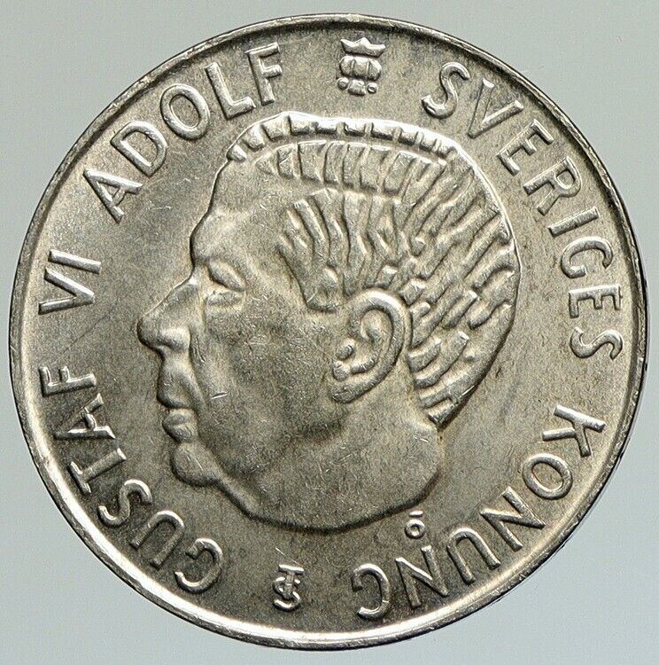 1955 Sweden KING GUSTAF VI Crowned ARMS Vintage OLD Silver 5 Kroner Coin i112109