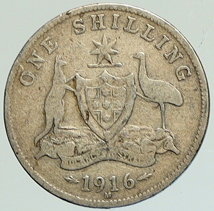 1916 M AUSTRALIA UK King George V KANGAROO Antique Silver Shilling Coin i112159