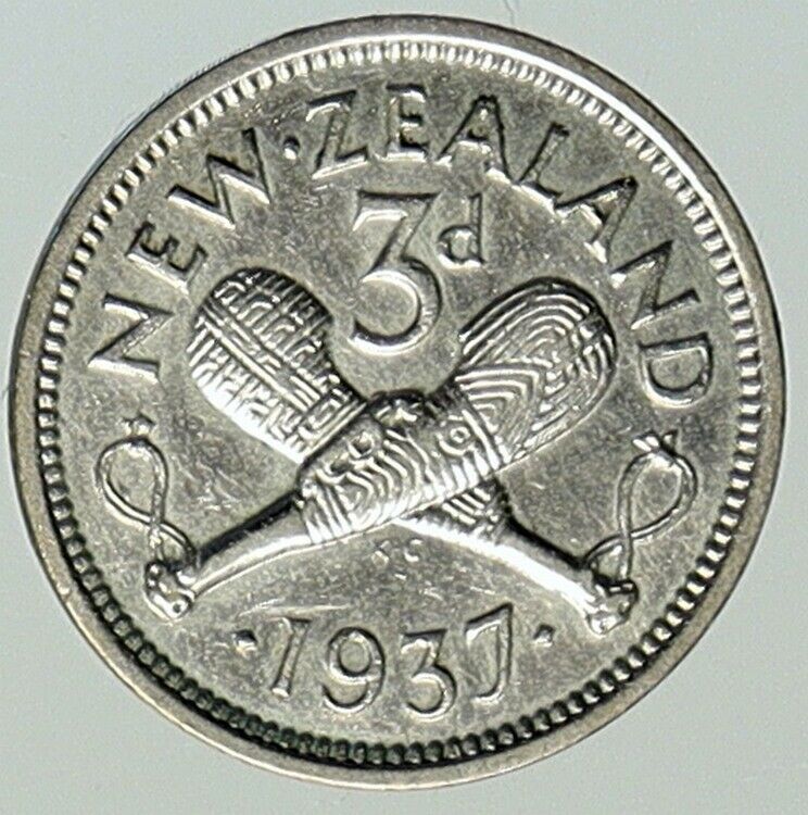 1937 NEW ZEALAND UK King George V CROSSED PATU Silver 3 Threepence Coin i112160