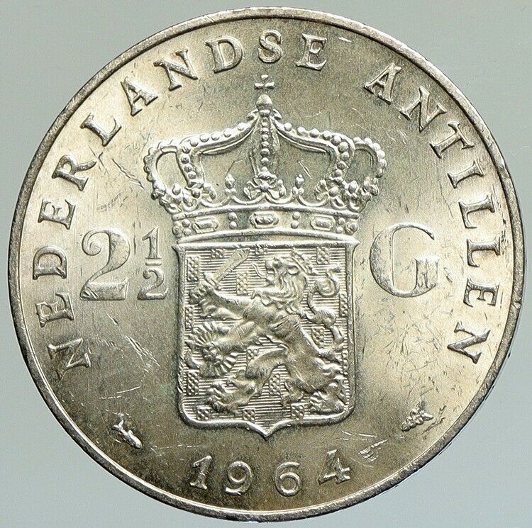 1964 NETHERLANDS ANTILLES Queen JULIANA Vintage SILVER 2 1/2 Gulden Coin i112139