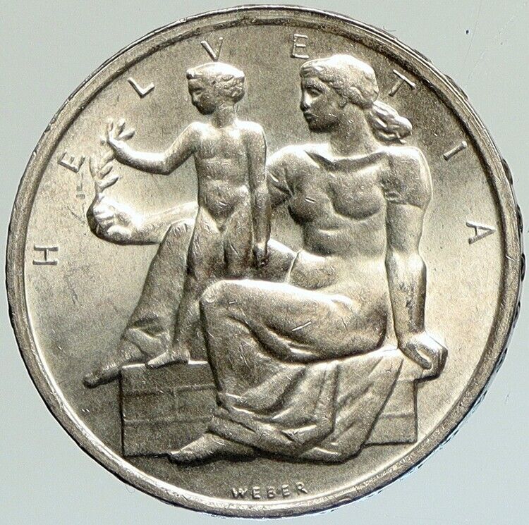 1948 SWITZERLAND Constitution Woman and Child Silver 5 Franc Swiss Coin i112150