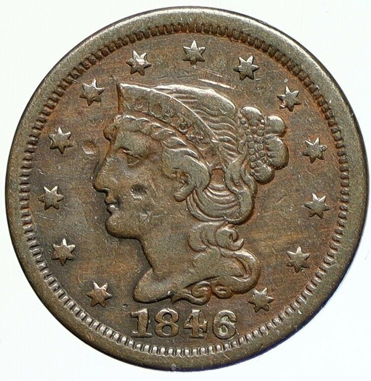 1846 UNITED STATES US Vintage ANTIQUE OLD Liberty Braided Hair Cent Coin i112147