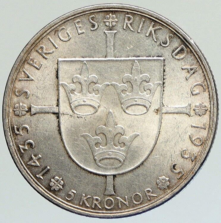 1935 SWEDEN w Riksdag KING Gustav V SWEDISH Old Silver 5 Kronor Coin i112132