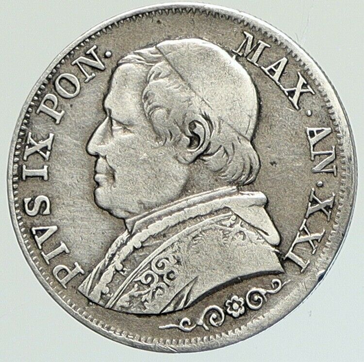 1867 ITALY PAPAL STATES Pope Pius IX Silver 1 Lira Antique ITALIAN Coin i112131