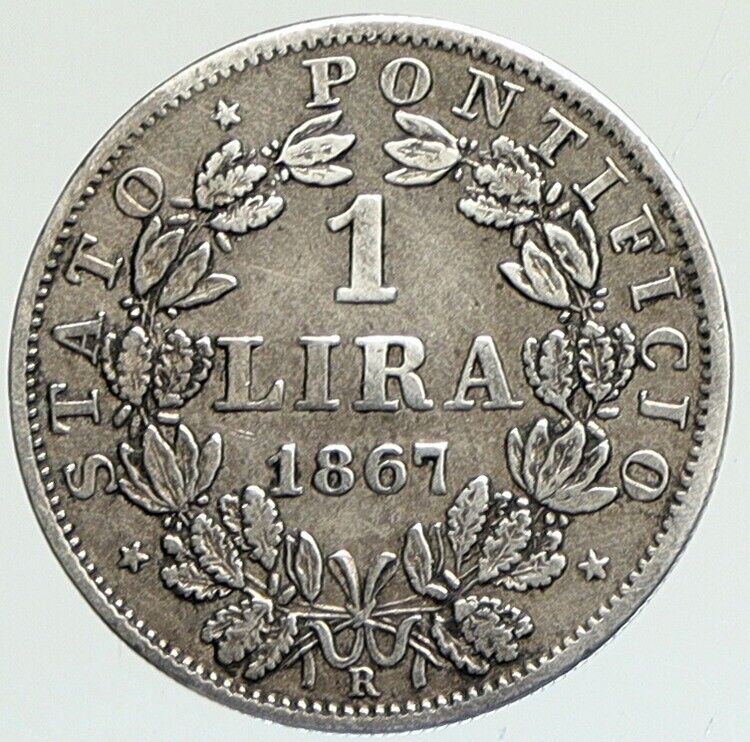 1867 ITALY PAPAL STATES Pope Pius IX Silver 1 Lira Antique ITALIAN Coin i112131