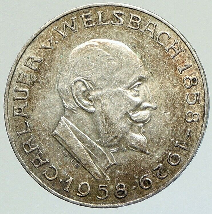 1958 AUSTRIA Chemist Auer von Welsbach Antique Silver 25 Schilling Coin i112111