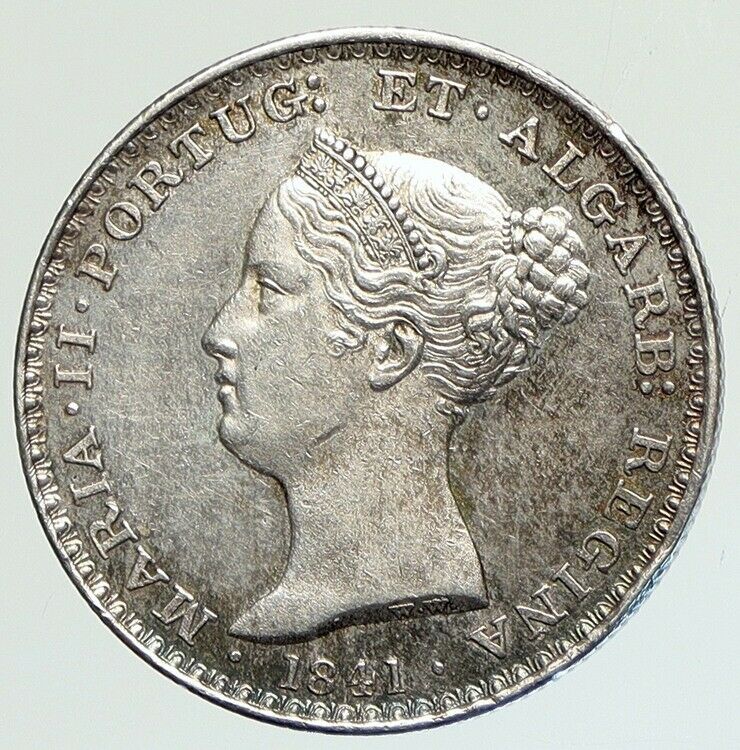 1841 PORTUGAL - QUEEN MARIA II Antique Silver 500 Reis Portuguese Coin i112137