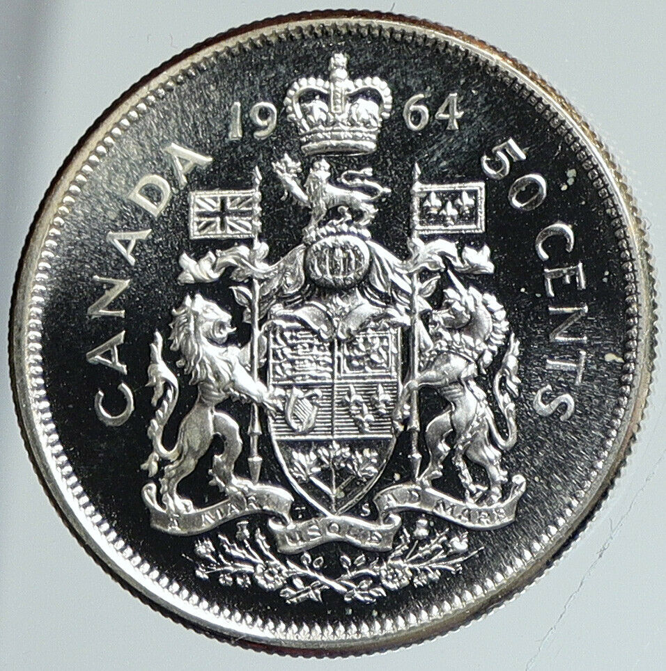 1964 CANADA Queen Elizabeth II Arms Crown VINTAGE SILVER 50 Cents Coin i112306