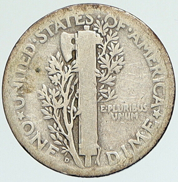 1925 D UNITED STATES Mercury Winged Liberty Head Dime Silver Coin Fasces i112330