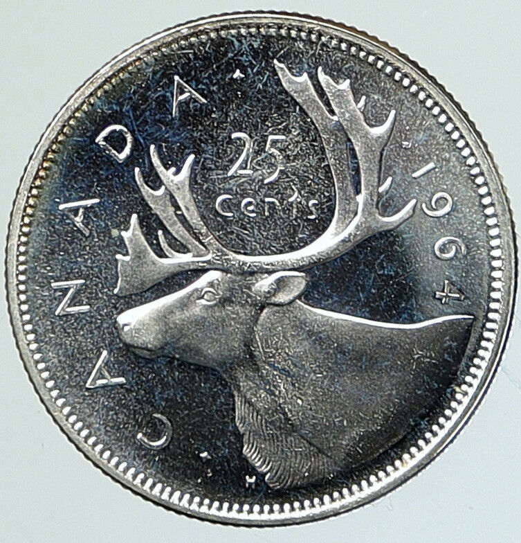 1964 CANADA United Kingdom UK Elizabeth II Silver 25 Cent Coin CARIBOU i112316