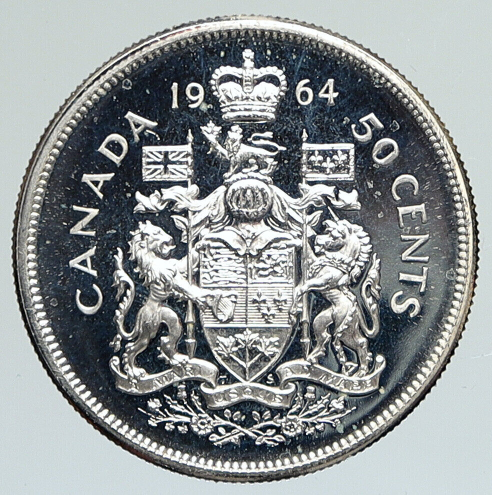 1964 CANADA Queen Elizabeth II Arms Crown VINTAGE SILVER 50 Cents Coin i112318