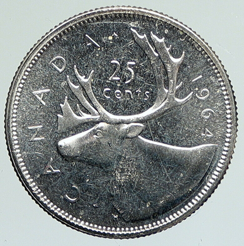 1964 CANADA United Kingdom UK Elizabeth II Silver 25 Cent Coin CARIBOU i112317