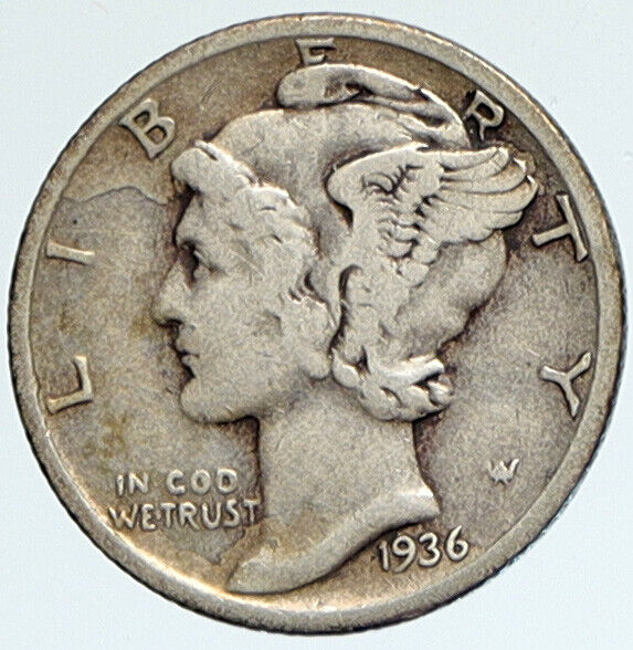 1936 P UNITED STATES Mercury Winged Liberty Head Dime Silver Coin Fasces i112352