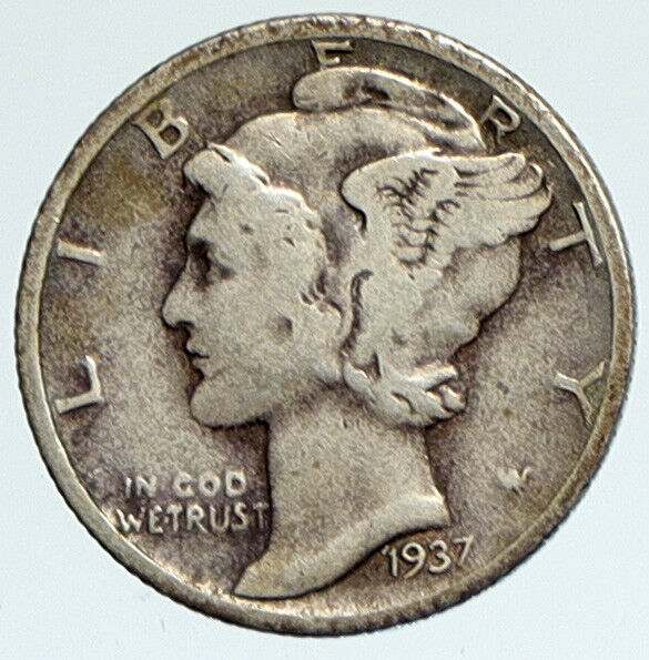 1937 P UNITED STATES Mercury Winged Liberty Head Dime Silver Coin Fasces i112356