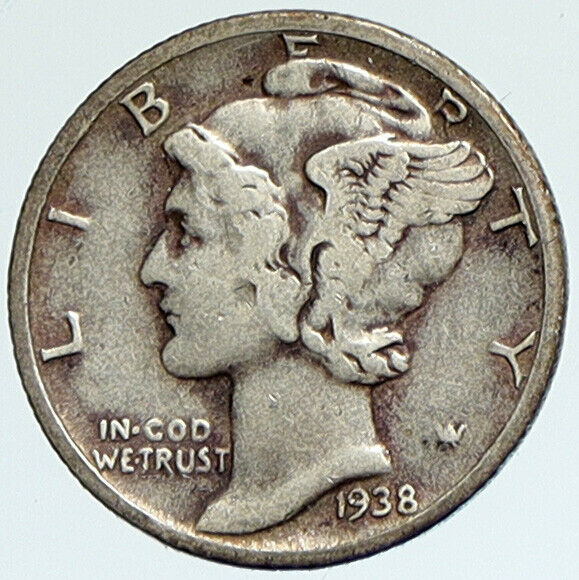 1938 P UNITED STATES Mercury Winged Liberty Head Dime Silver Coin Fasces i112359