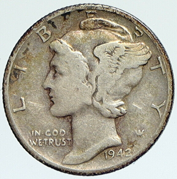 1942 D UNITED STATES Mercury Winged Liberty Head Dime Silver Coin Fasces i112366