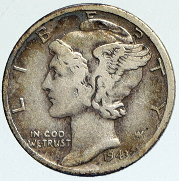 1943 D UNITED STATES Mercury Winged Liberty Head Dime Silver Coin Fasces i112369