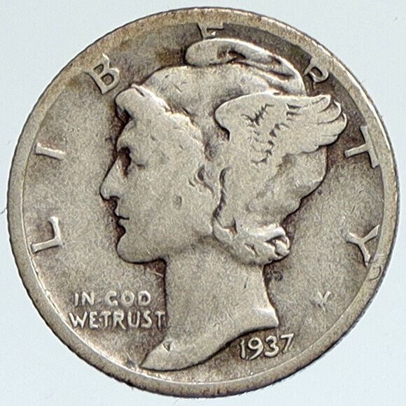 1937 D UNITED STATES Mercury Winged Liberty Head Dime Silver Coin Fasces i112357