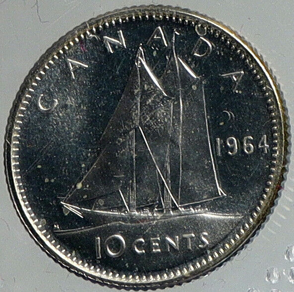 1964 CANADA Queen ELIZABETH II BLUENOSE SHIP Silver 10 Cent SILVER Coin i112448