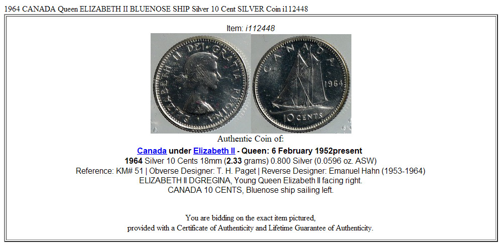 1964 CANADA Queen ELIZABETH II BLUENOSE SHIP Silver 10 Cent SILVER Coin i112448