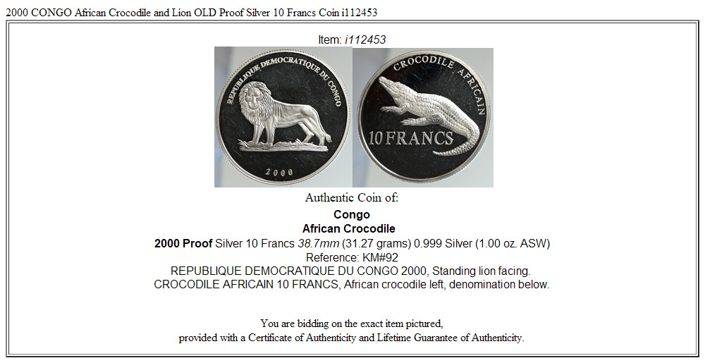 2000 CONGO African Crocodile and Lion OLD Proof Silver 10 Francs Coin i112453