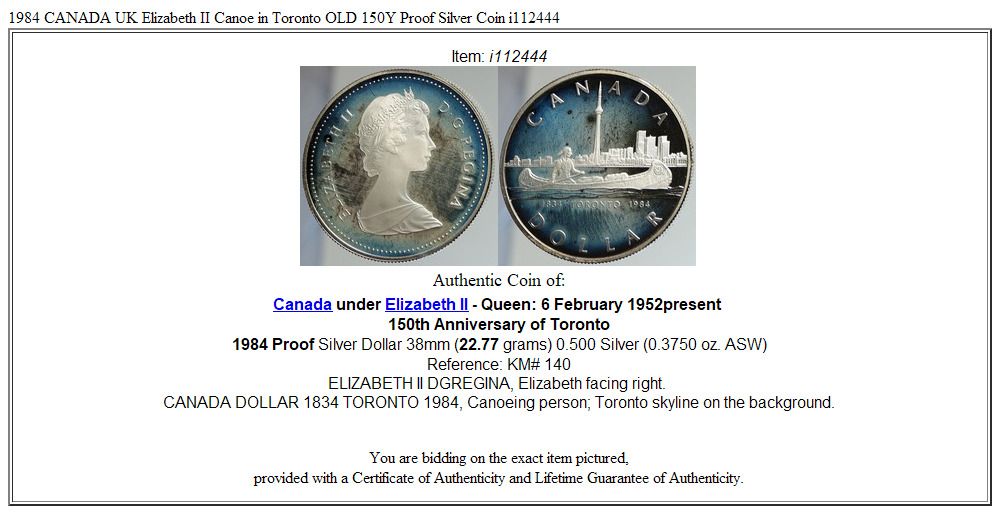 1984 CANADA UK Elizabeth II Canoe in Toronto OLD 150Y Proof Silver Coin i112444