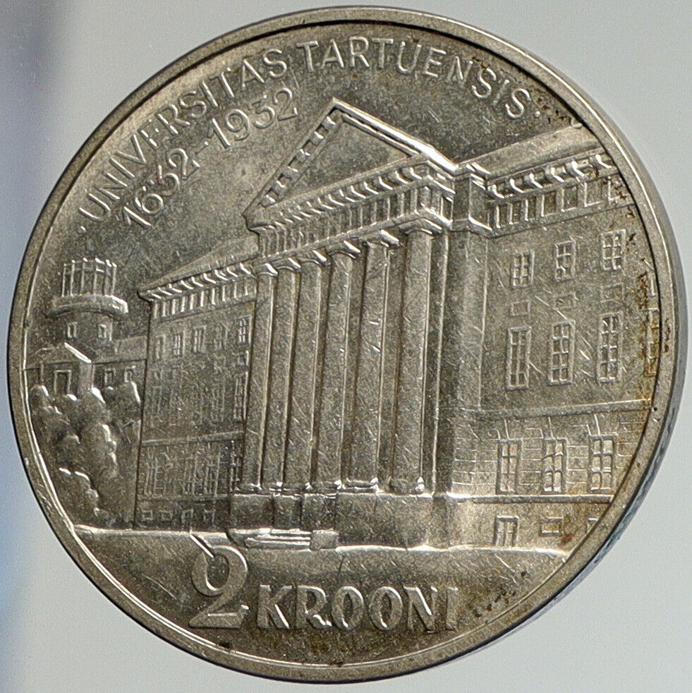 1932 ESTONIA 300 Yr UNIVERSITY of TARTU Vintage OLD Silver 2 Krooni Coin i112451