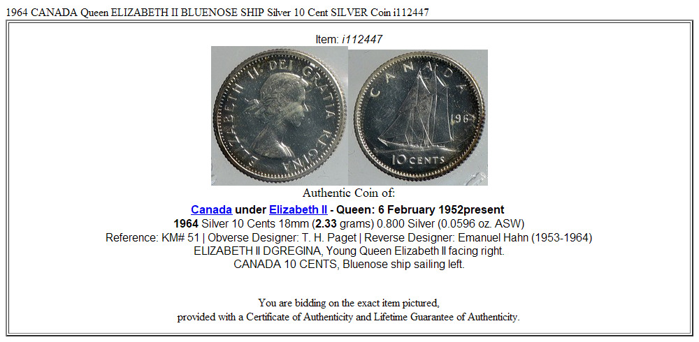 1964 CANADA Queen ELIZABETH II BLUENOSE SHIP Silver 10 Cent SILVER Coin i112447