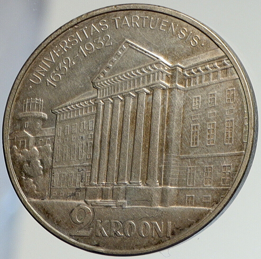 1932 ESTONIA 300 Yr UNIVERSITY of TARTU Vintage OLD Silver 2 Krooni Coin i112455