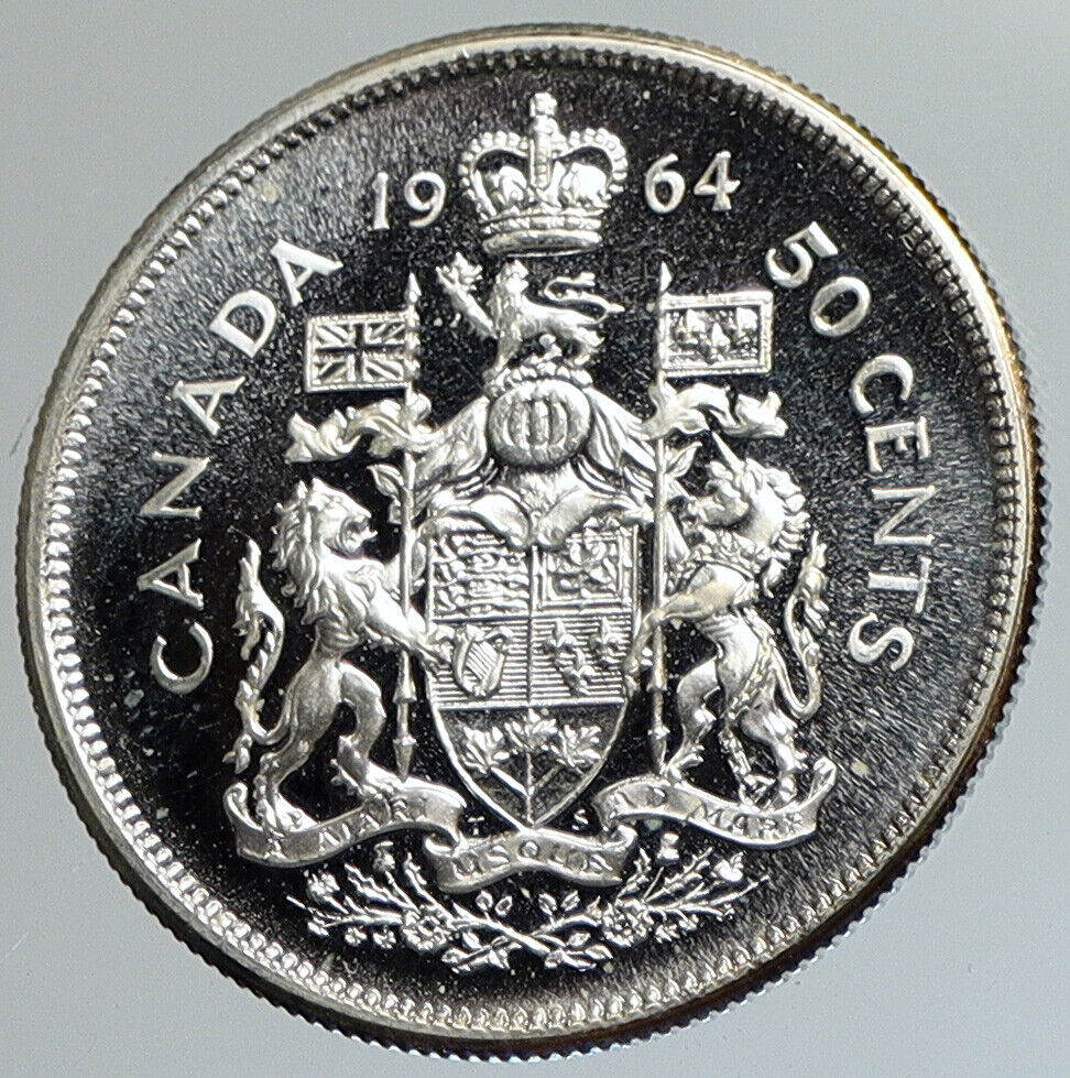 1964 CANADA Queen Elizabeth II Arms Crown VINTAGE SILVER 50 Cents Coin i112390