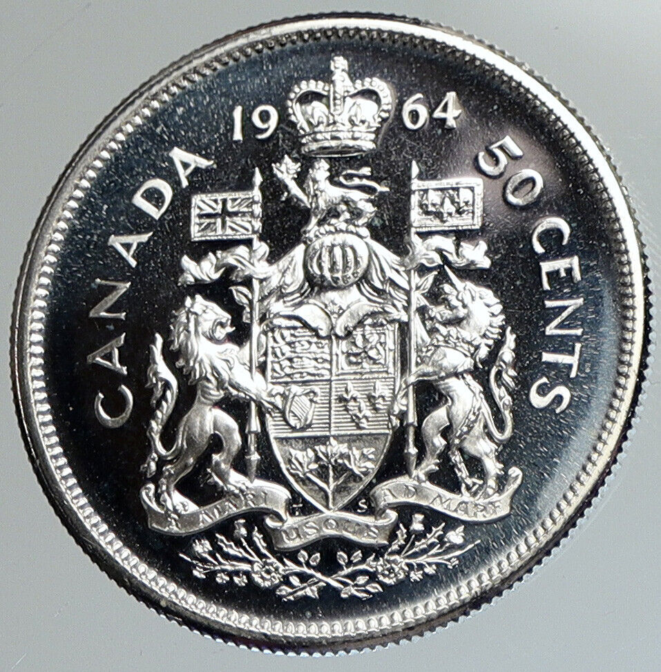 1964 CANADA Queen Elizabeth II Arms Crown VINTAGE SILVER 50 Cents Coin i112393