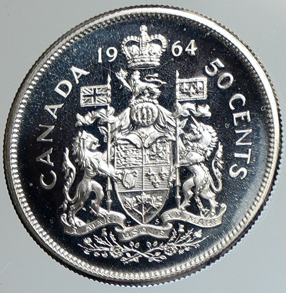 1964 CANADA Queen Elizabeth II Arms Crown VINTAGE SILVER 50 Cents Coin i112391