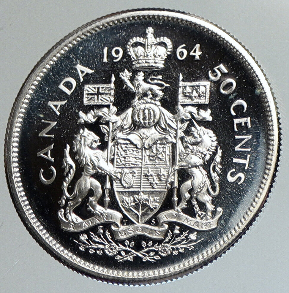 1964 CANADA Queen Elizabeth II Arms Crown VINTAGE SILVER 50 Cents Coin i112392