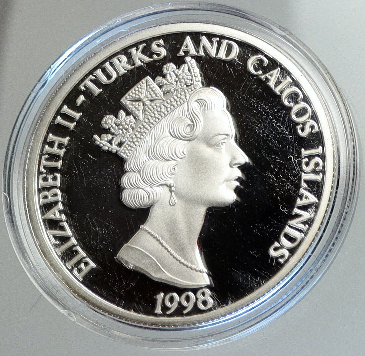 1998 TURKS & CAICOS Queen Elizabeth II Yr of Tiger Silver 20 Crown Coin i112414