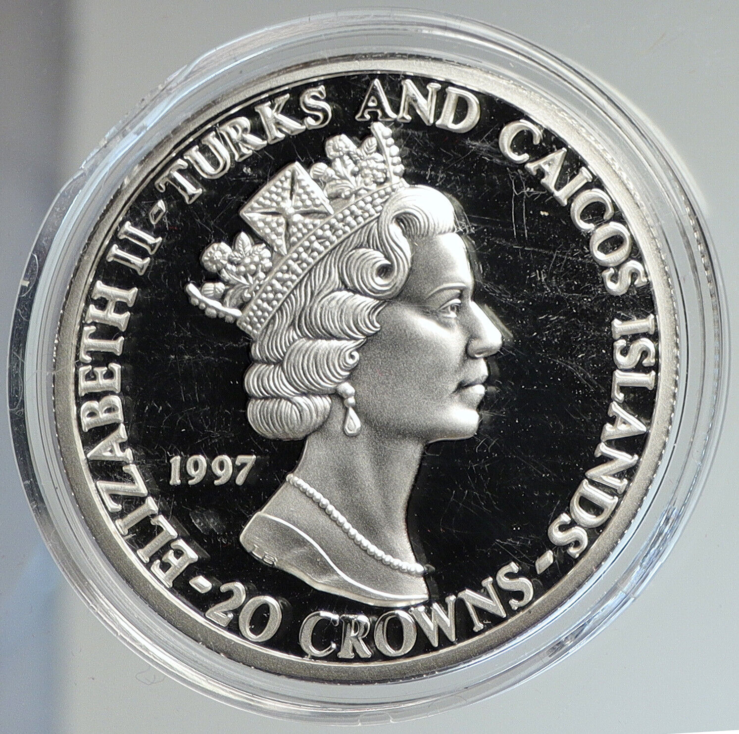 1997 TURKS & CAICOS Elizabeth II GEORGE VI CROWNING Silver 20 Crown Coin i112437