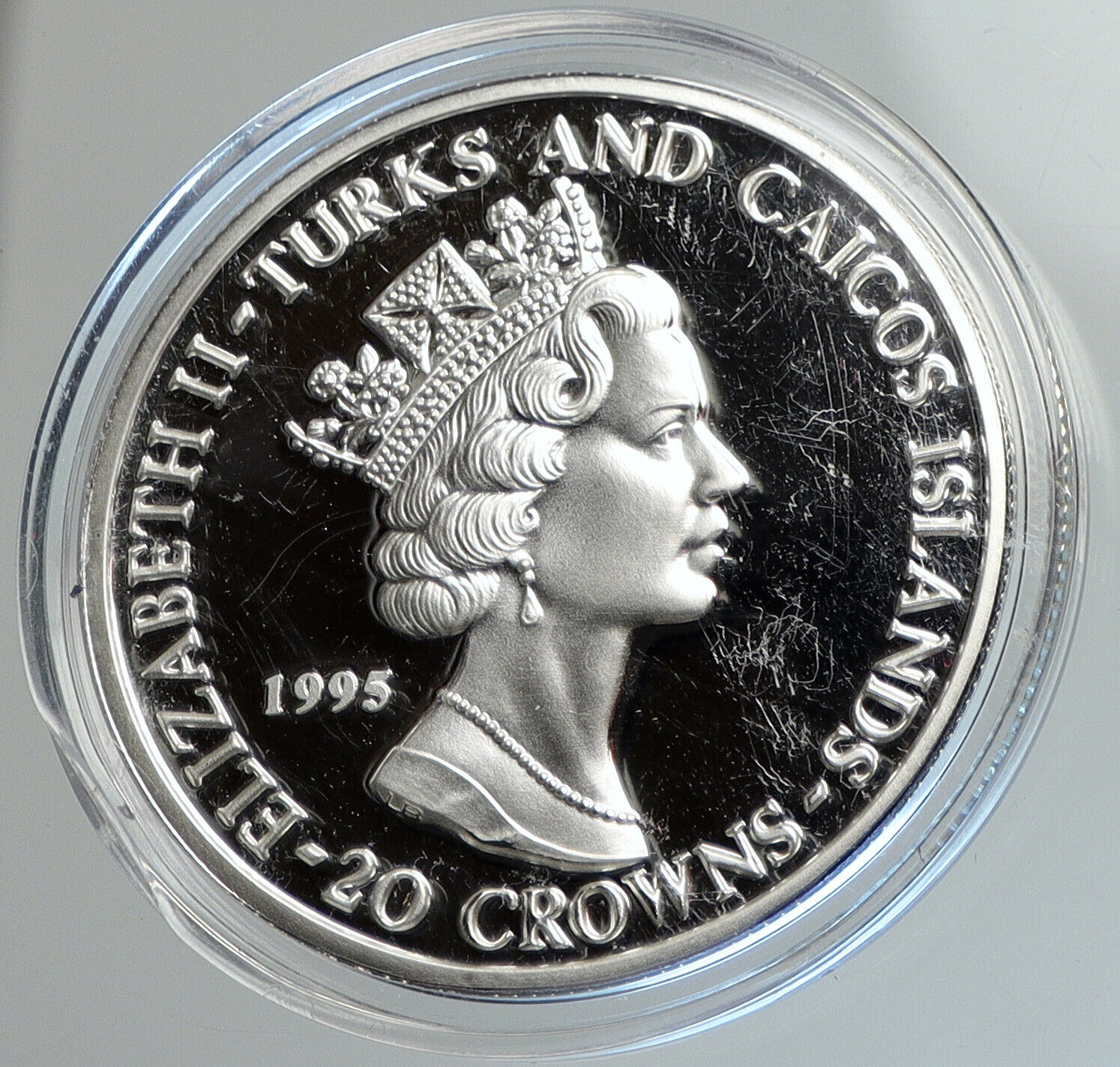 1995 TURKS & CAICOS Queen Mother Elizabeth II PRF Silver 20 Crowns Coin i112403