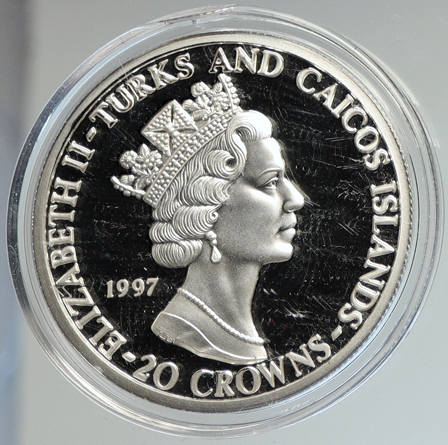 1997 TURKS & CAICOS Elizabeth II GEORGE VI CROWNING Silver 20 Crown Coin i112440