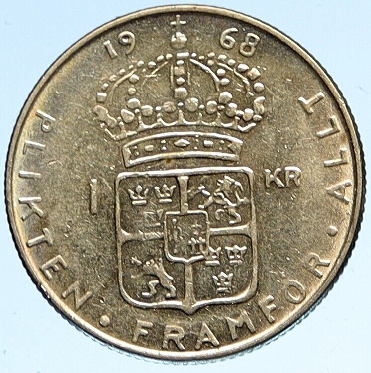 1968 SWEDEN King GUSTAV VI ADOLF Krona Silver SWEDISH Coin Coat of Arms i112584