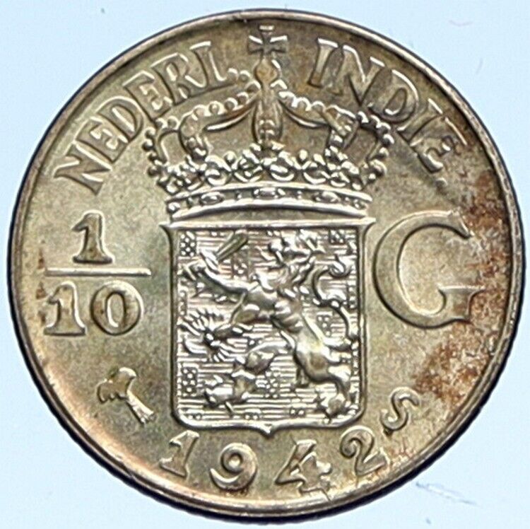 1942 S Netherlands EAST INDIES Queen WILHELMINA Silver 1/10 Gulden Coin i112587