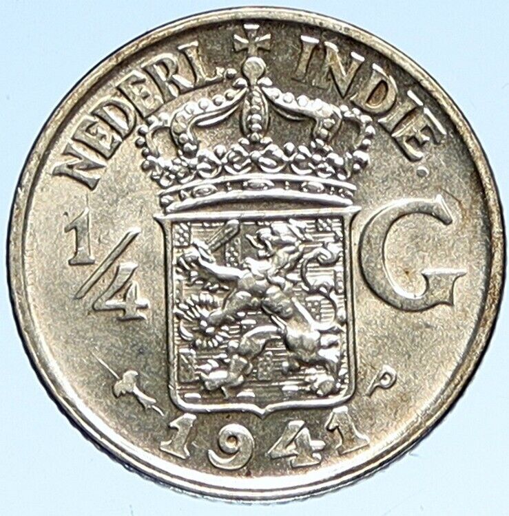 1941 P Netherlands EAST INDIES Queen WILHELMINA Silver 1/4 Gulden Coin i112588