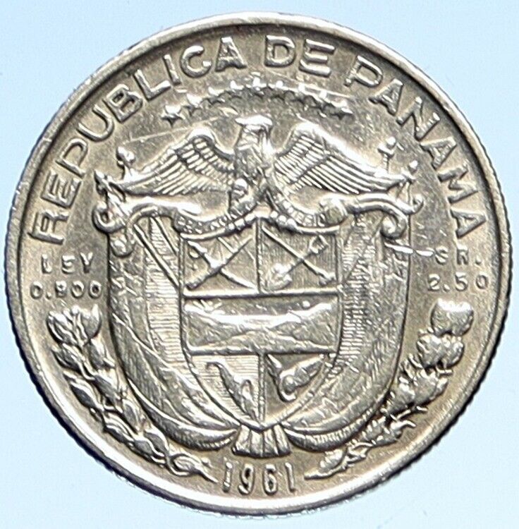 1961 PANAMA - Tenth 1/10th Spanish Conquistador HERO BALBOA Silver Coin i112592