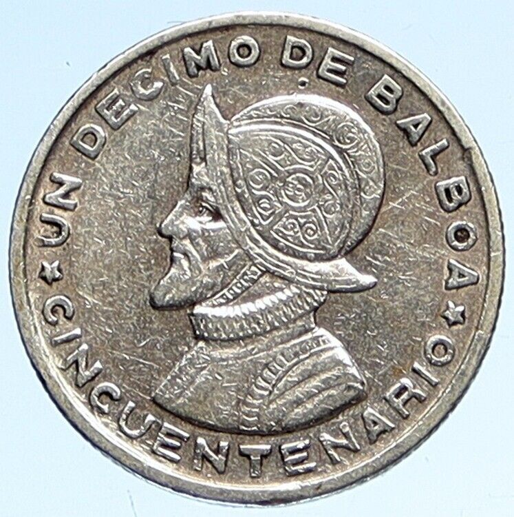 1953 PANAMA Conquistador HERO BALBOA Silver Tenth 1/10th Spanish Coin i112590